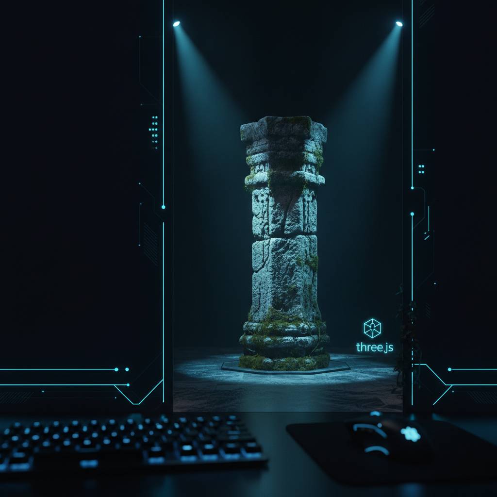 A realistic 3D game scene rendered in a web browser, showcasing a detailed metallic robot and stone textures powered by PBR materials in Three.js.