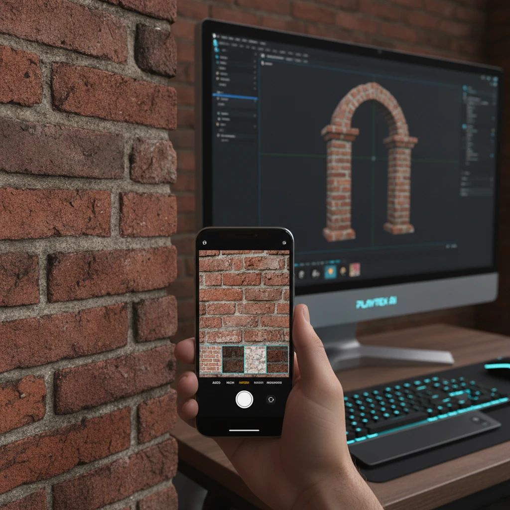 A smartphone capturing a photo of a brick wall, with a 3D textured brick model in the background, illustrating mobile texture capture for games.