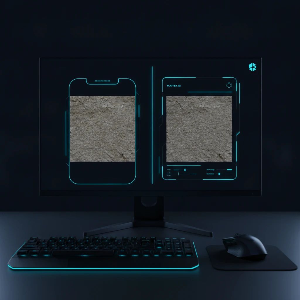 A comparison showing a raw phone photo of a stone surface on one side and a processed, seamless, de-lighted texture tile on the other.