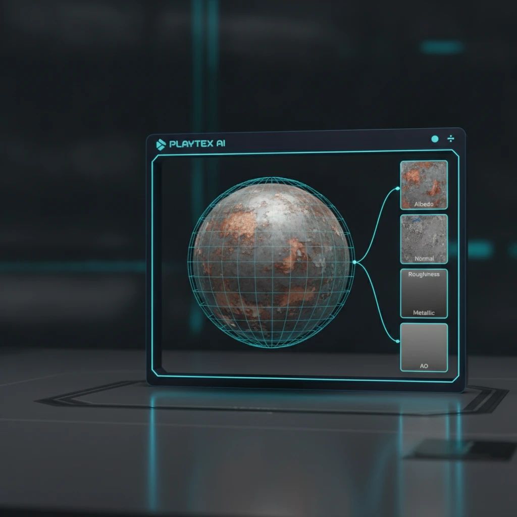 A 3D model displaying a PBR material, with its individual Albedo, Normal, Roughness, Metallic, and Ambient Occlusion maps shown separately.