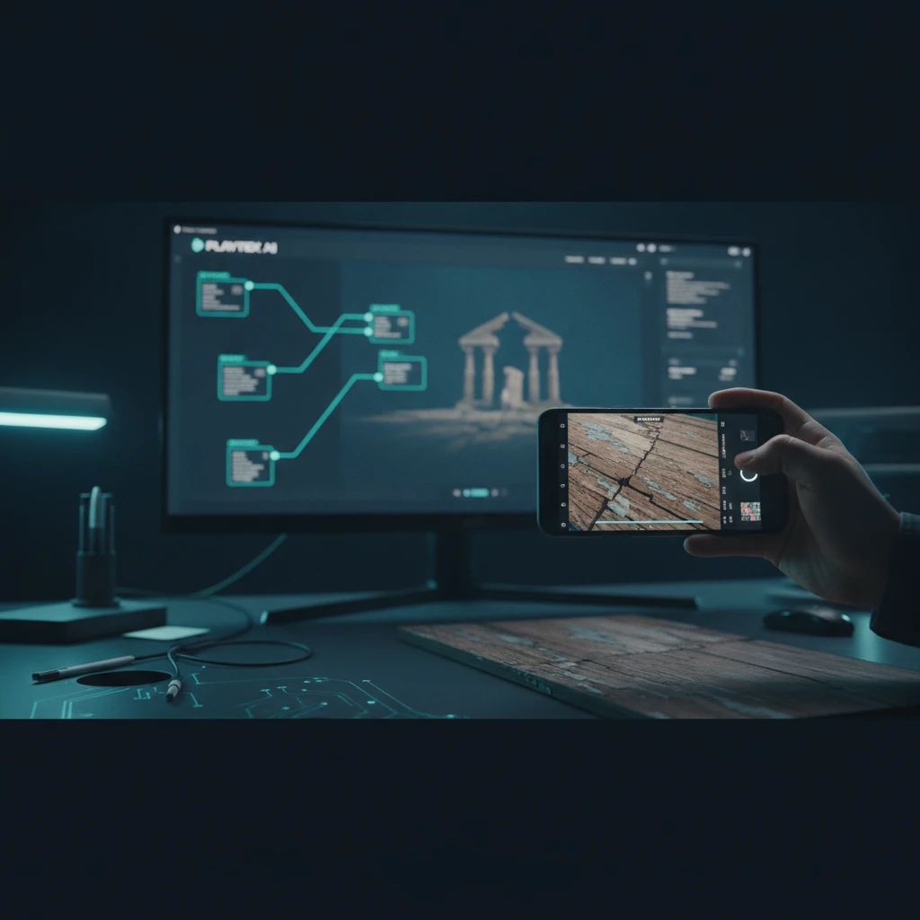 A game developer using a smartphone to capture a texture, with a digital PBR material workflow visible in the background.