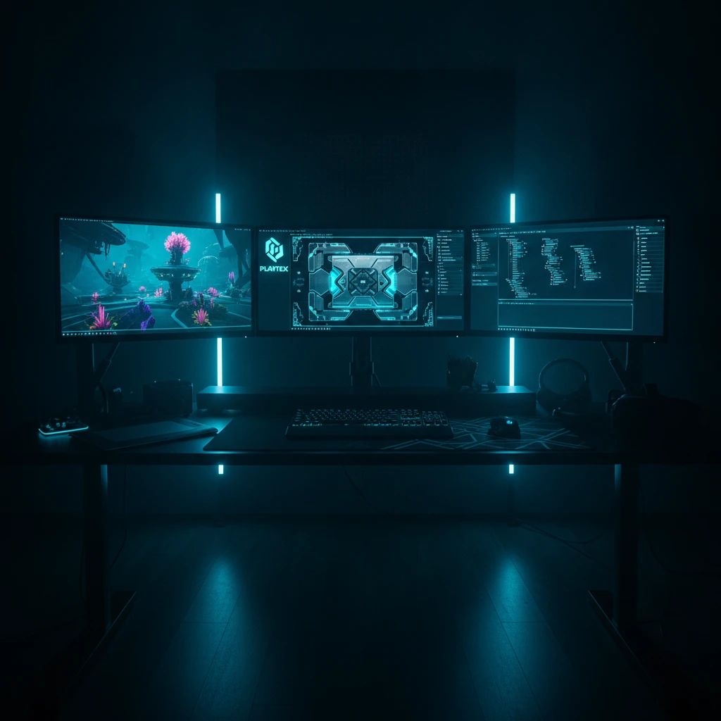 Game developer working on seamless PBR textures for game assets on multiple screens.