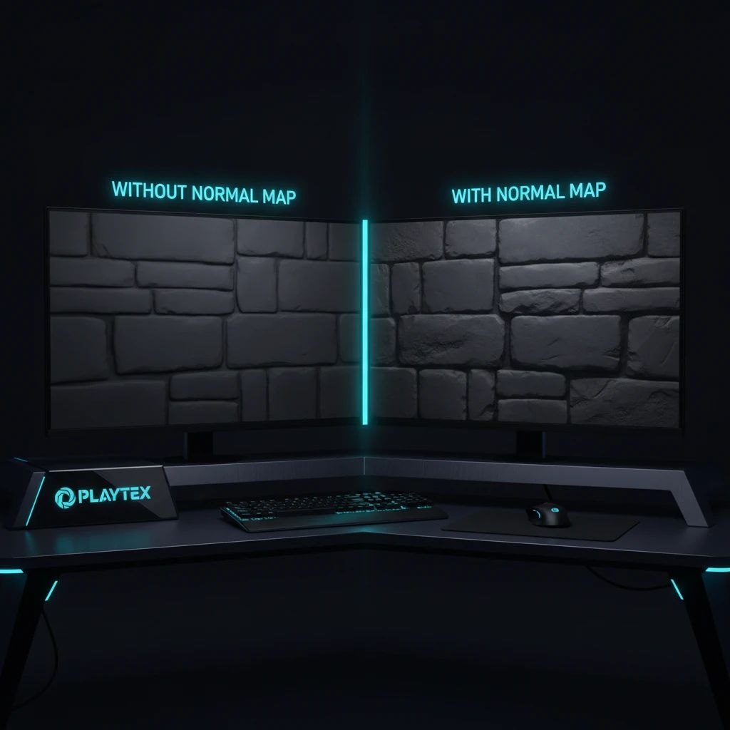 Comparison of a 3D stone wall model with and without a normal map, showing enhanced depth and detail with the map applied.