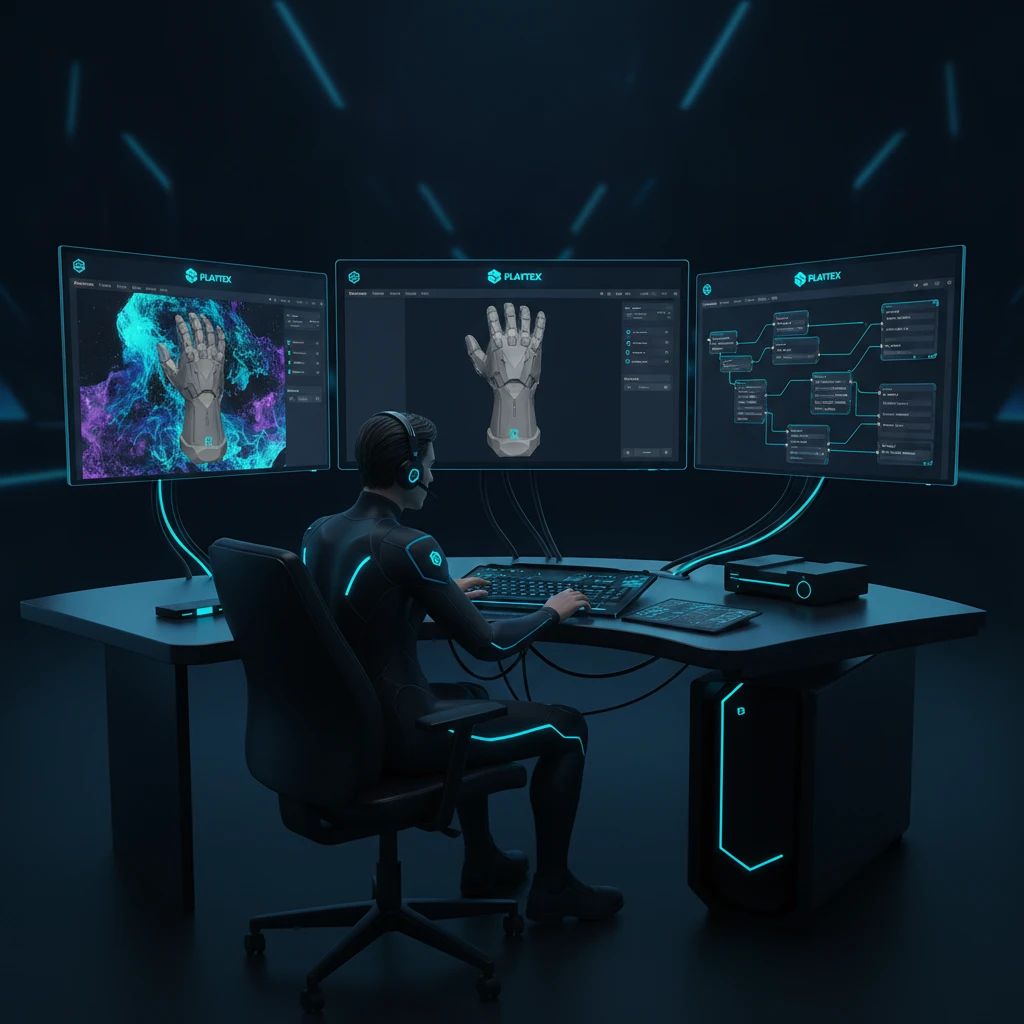 Game developer working on normal map creation, showing high-poly sculpt, baked normal map, and PBR material graph across multiple monitors.
