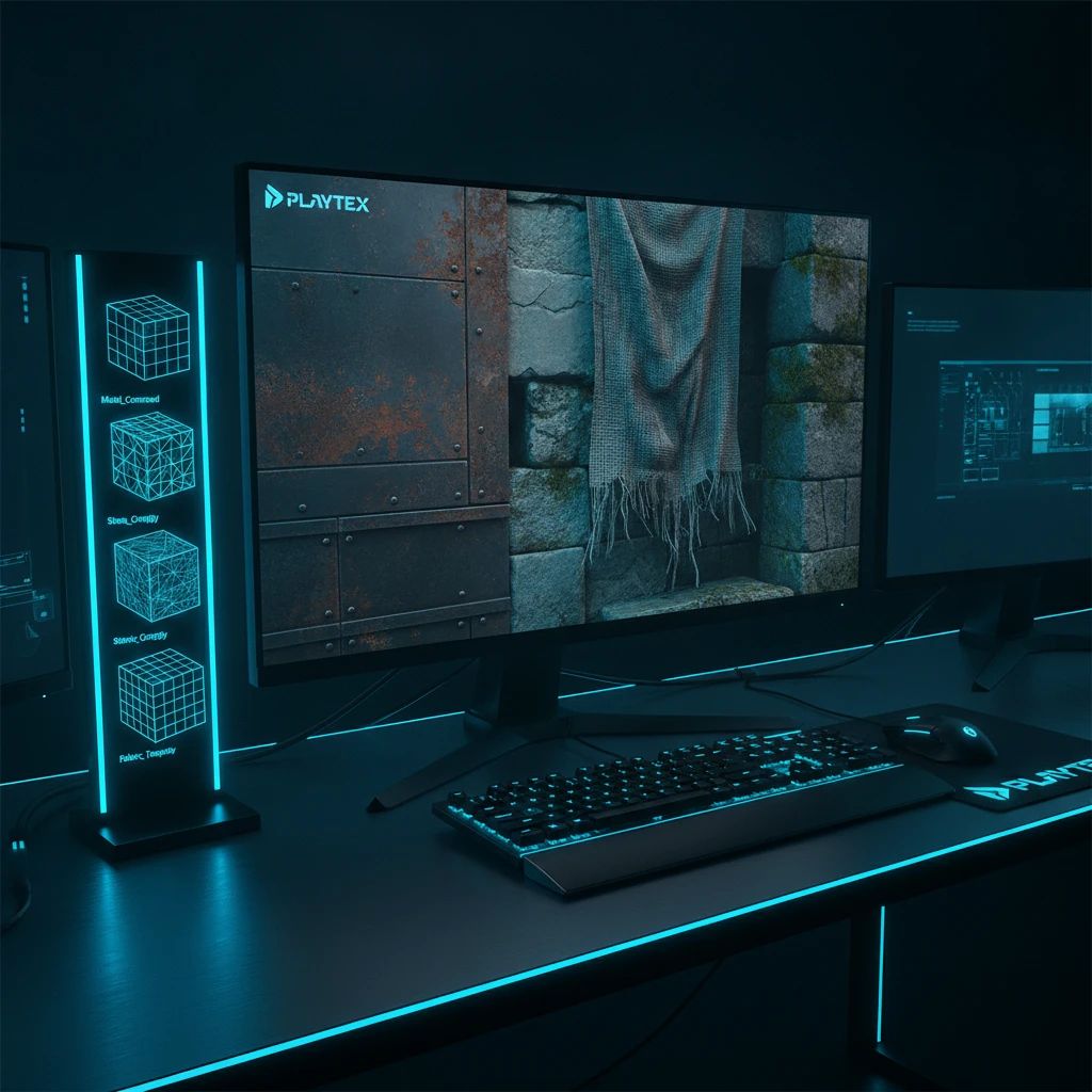 Close-up of a game environment showcasing detailed normal mapped textures on weathered metal and stone surfaces under dynamic lighting.