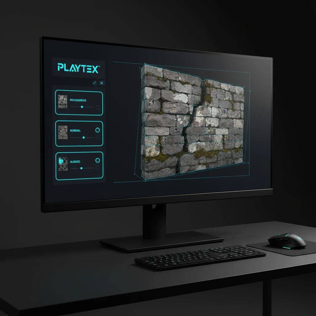 A 3D model of a weathered stone wall rendered in a real-time preview window within the PLAYTEX interface, showing PBR material properties.