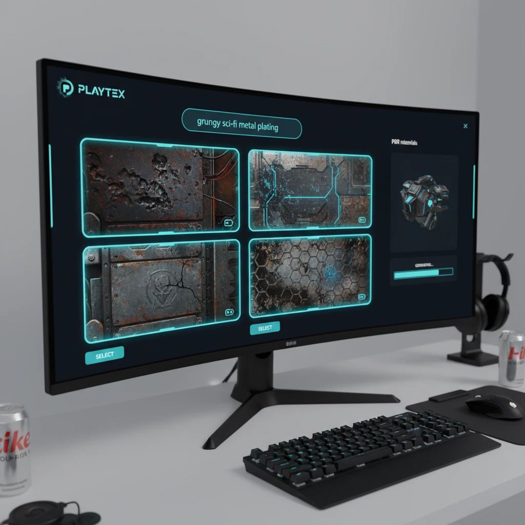 A user interface showing AI texture generation in PLAYTEX, with a prompt input field and various generated material options for a game environment.