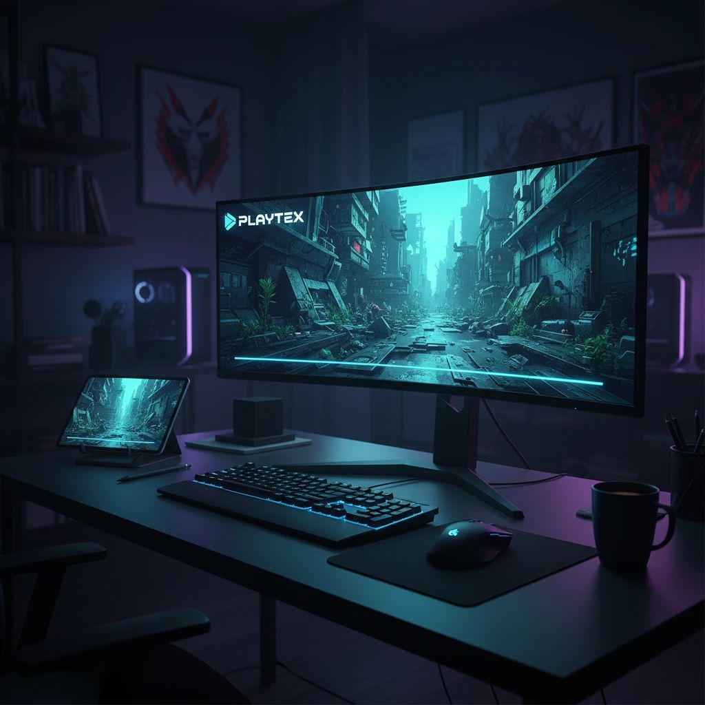 A game developer working on a detailed 3D environment with PBR textures on the PLAYTEX platform, illuminated by screen glow.