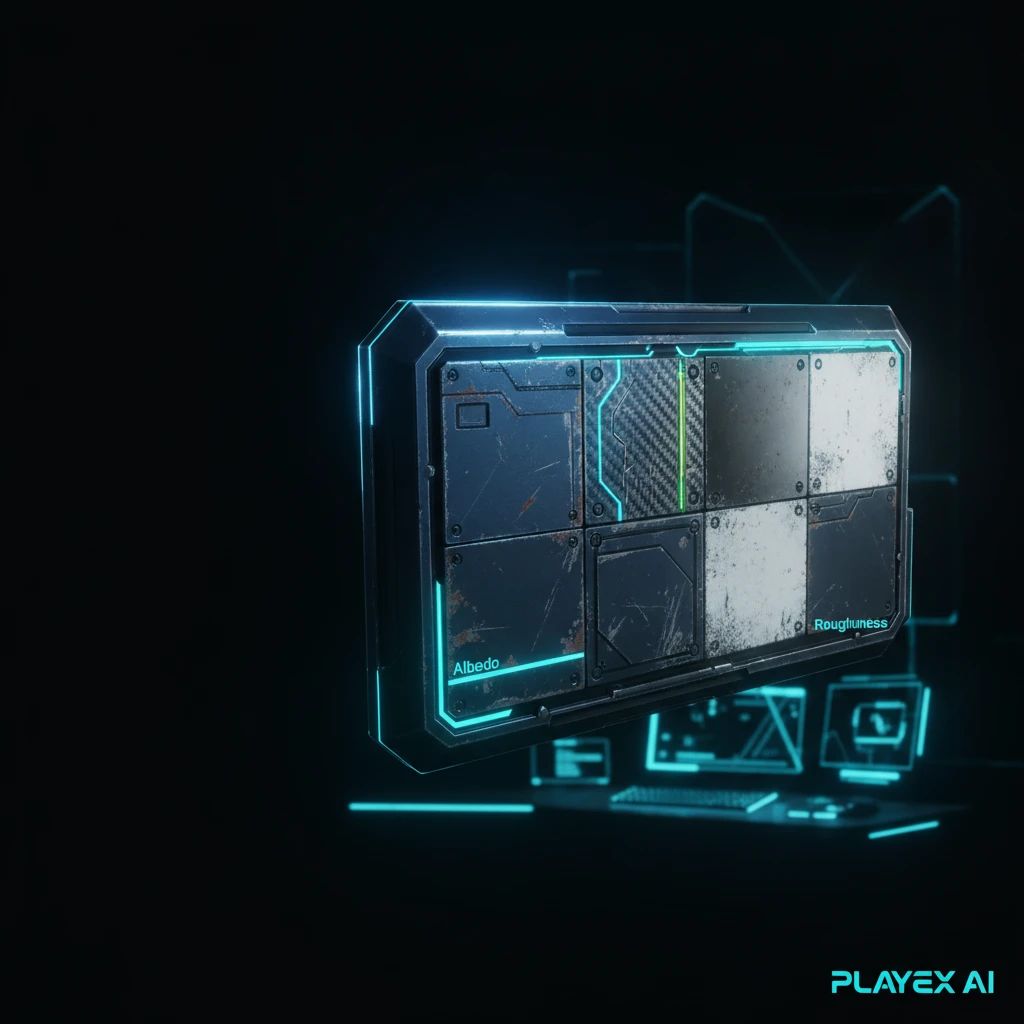 Example of a 3D asset with PBR texture maps applied, showing Albedo, Normal, Roughness, and Metallic effects.