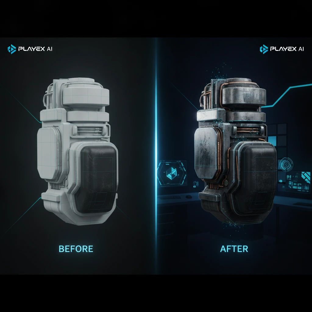 Comparison of a 3D model without textures versus one with full PBR texture maps, demonstrating enhanced realism.