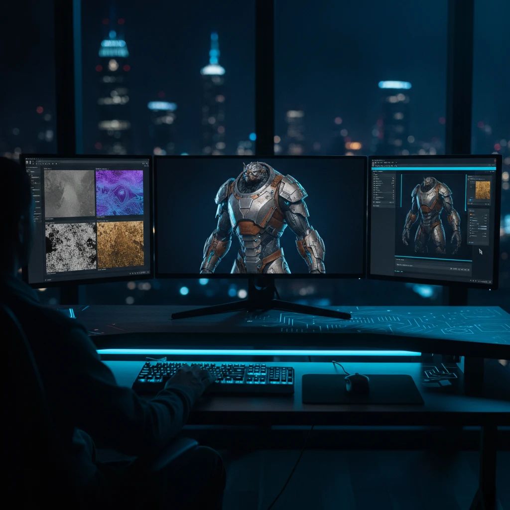Game developer working on a 3D model with PBR texture maps displayed on multiple screens, showing a detailed workflow.