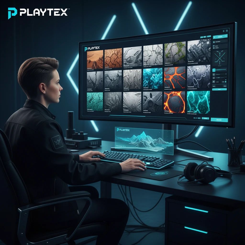 An environment artist using AI to generate multiple texture variations for concept art, showcasing speed and diverse ideas.