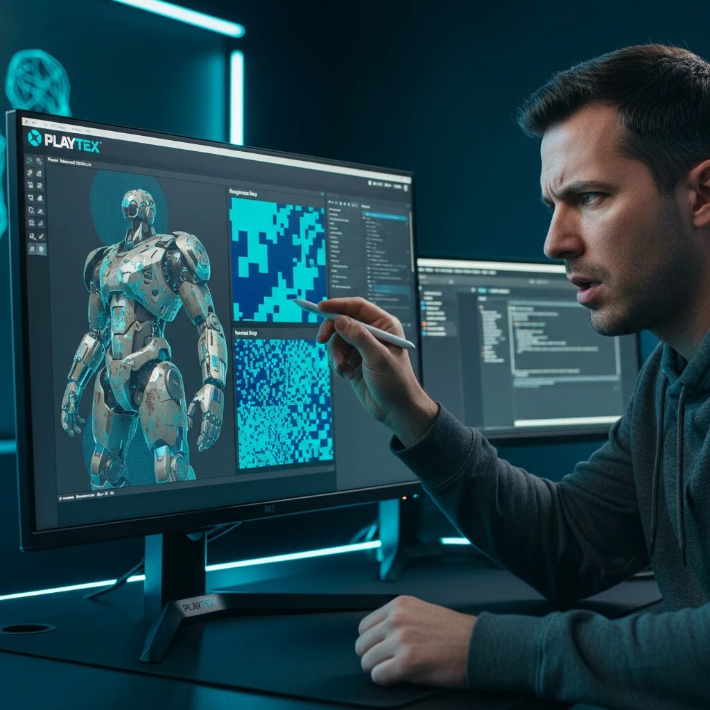 A game developer reviewing a set of PBR maps, highlighting inconsistencies in roughness and normal maps generated by AI, requiring manual correction.