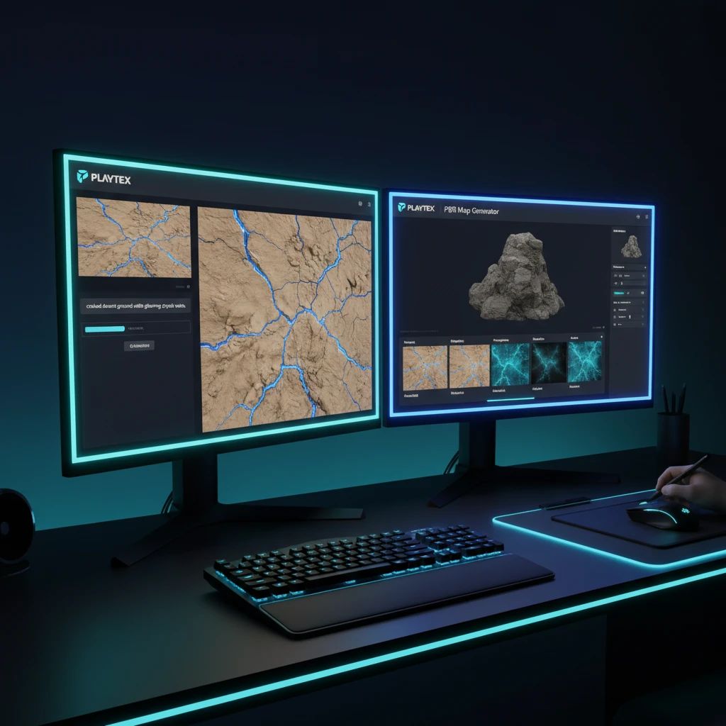 A split screen showing a game developer using PLAYTEX. On one side, an AI texture generator creates a base texture. On the other, the deterministic PBR map generator precisely refines the maps for a 3D model, ensuring accuracy.