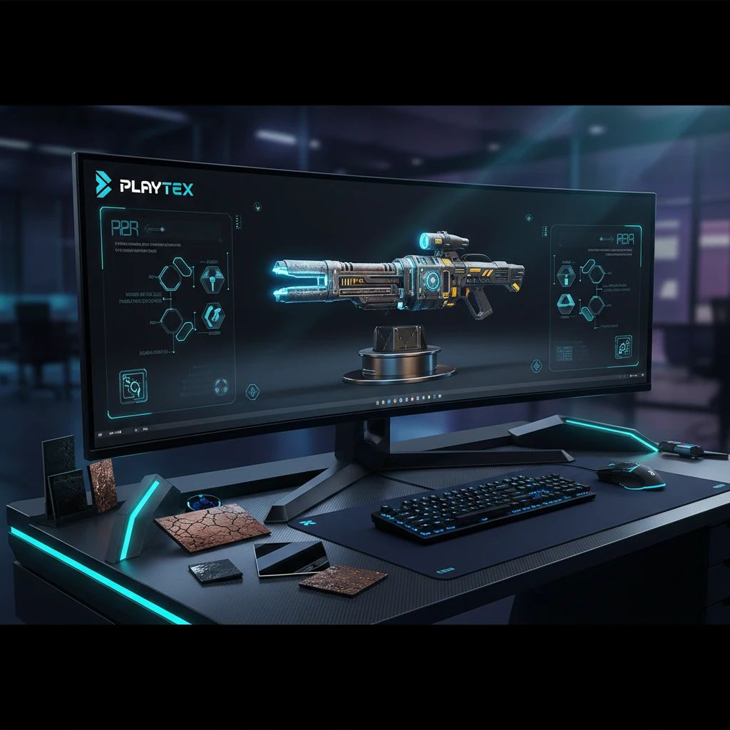A game developer's workstation showcasing a 3D model with perfectly rendered PBR materials, highlighting the blend of AI texture generation and precise PBR map controls.