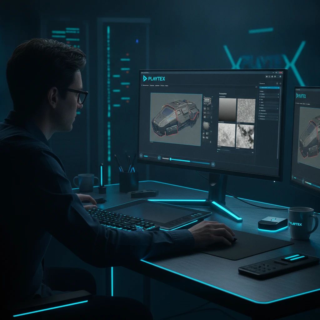 A game developer using a texture generation tool on a screen, surrounded by various PBR maps like albedo, normal, and roughness.