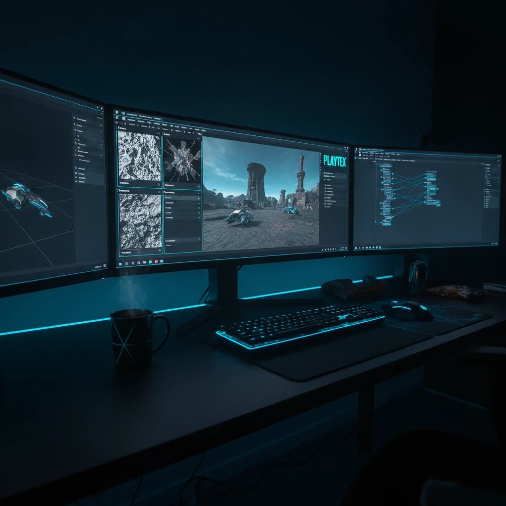 A game developer's desk at night, displaying a 3D game environment with detailed PBR textures on multiple screens.